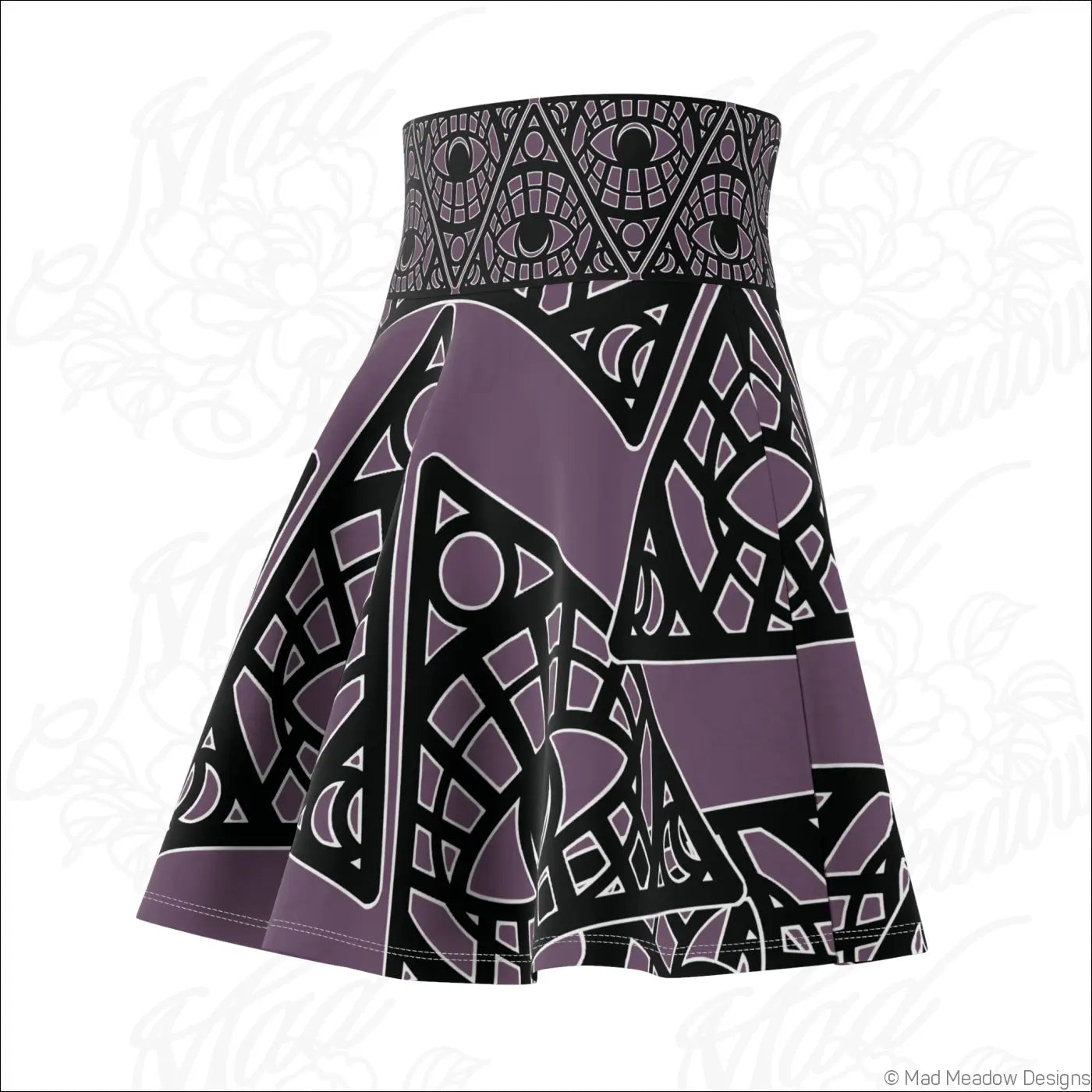 A flared deep purple tribal skater skirt with mystic eye waistband and intricate black and white geometric print