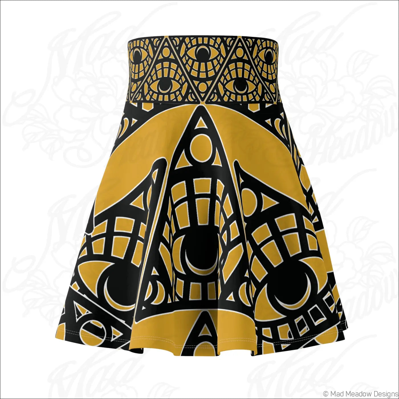 A vibrant mustard tribal skater skirt with mystic eye tribal printed care label and bold geometric patterns