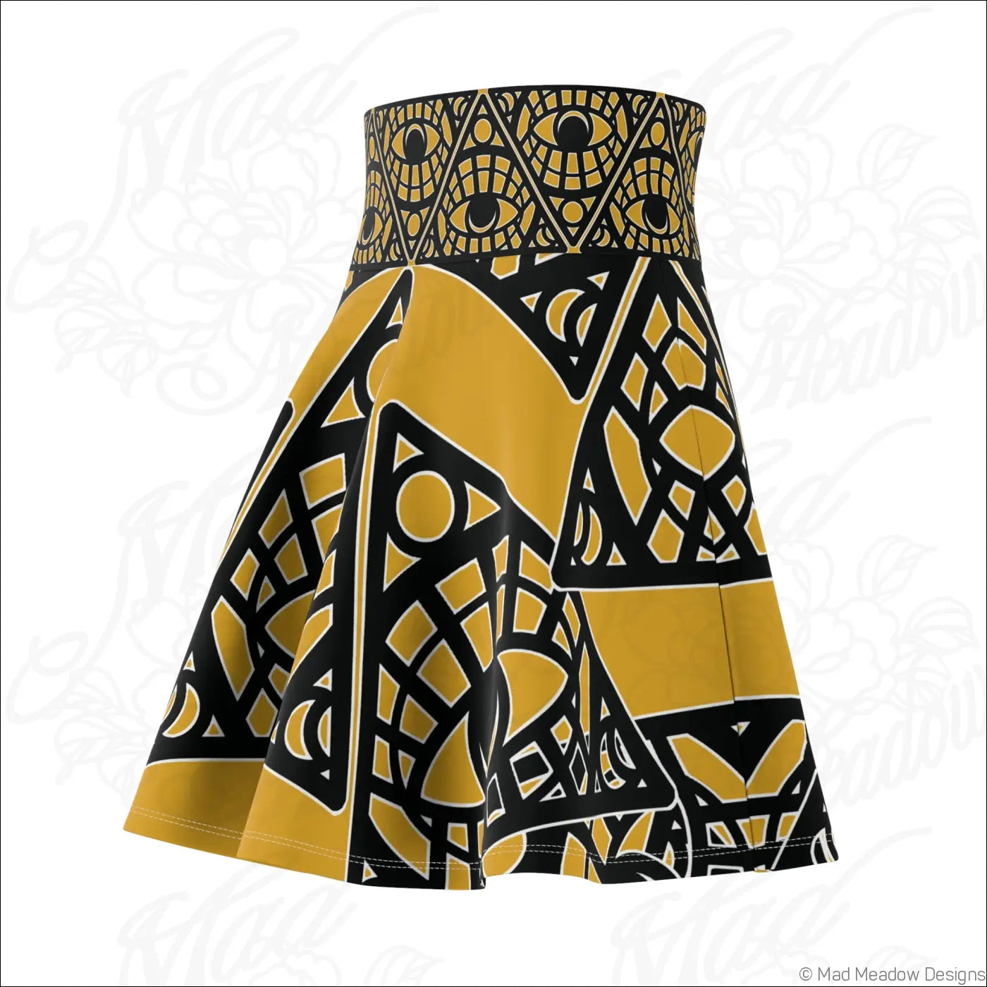 A vibrant mustard mystic eye tribal skater skirt with a yellow and black geometric print and a high-waisted flared design