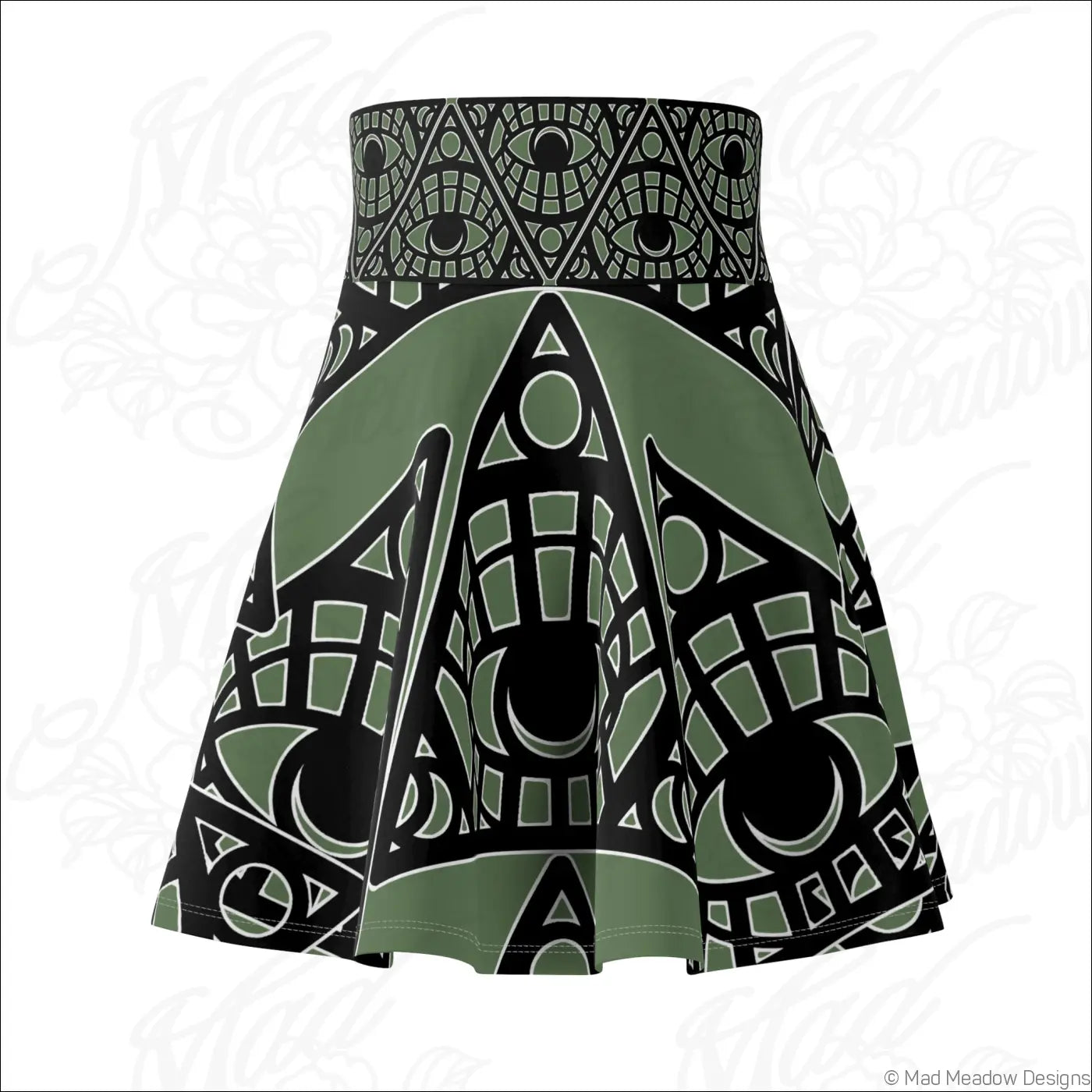 Olive green and black geometric printed skater skirt with eye motifs made of stretch fabric featuring a printed care label