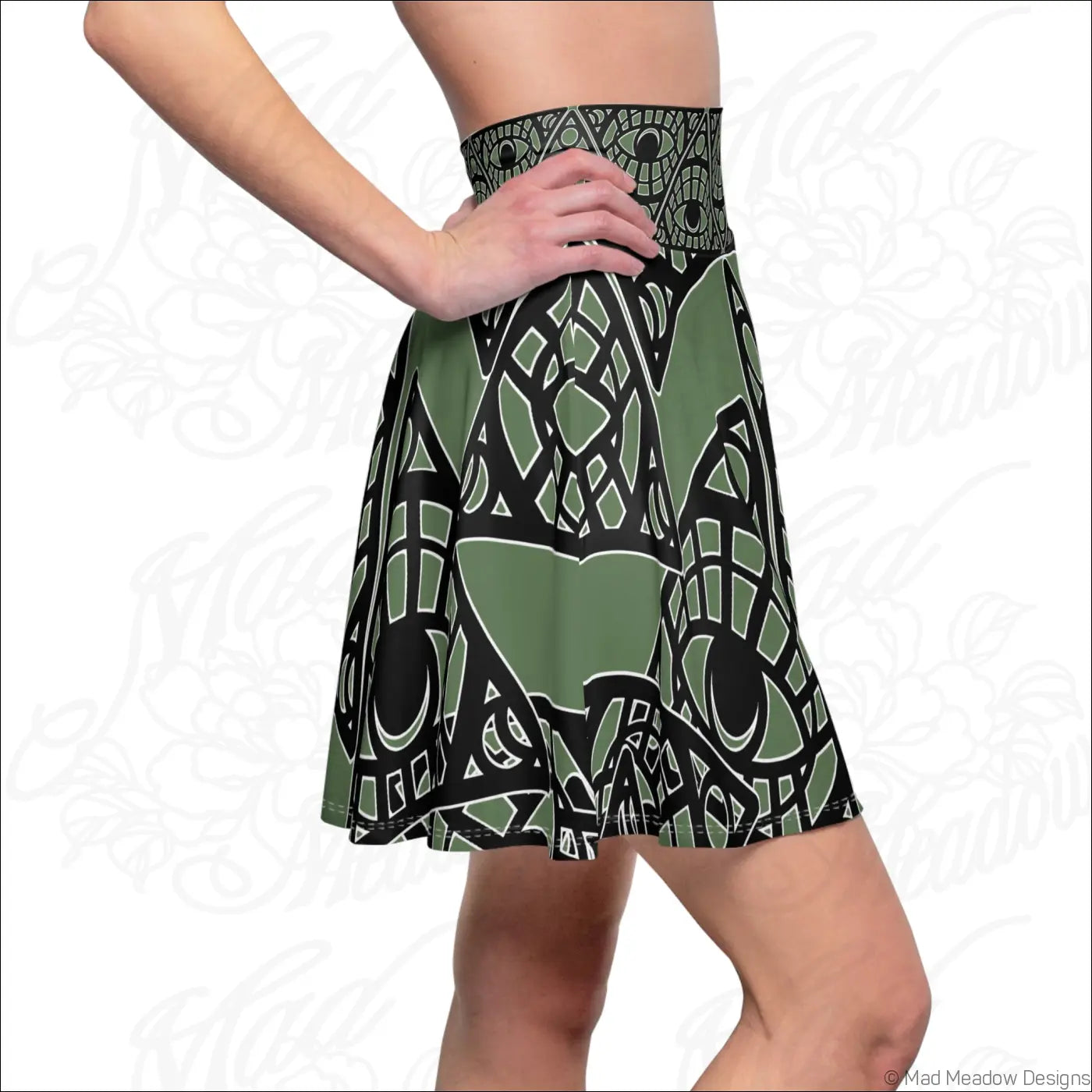 Mystic eye tribal skater skirt in olive green and black with stretch fabric and an intricate sage allover print