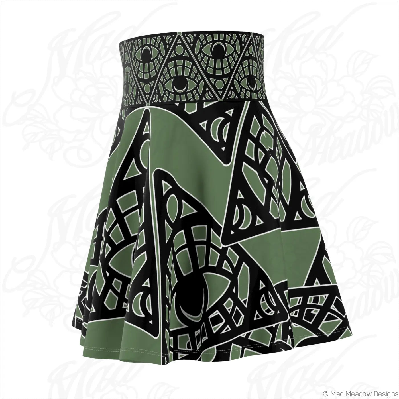 Olive green and black flared skater skirt with stretch fabric and printed care label featuring mystical eye tribal print