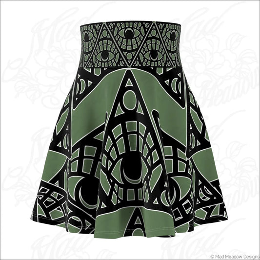 Olive green and black skater skirt with mystic eye tribal print stretch fabric and printed care label detail
