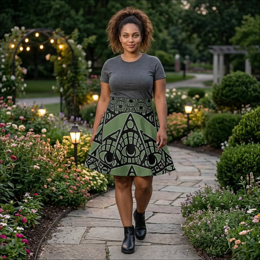 A woman wears a sage allover print mystic eye tribal skater skirt with stretch fabric and a printed care label