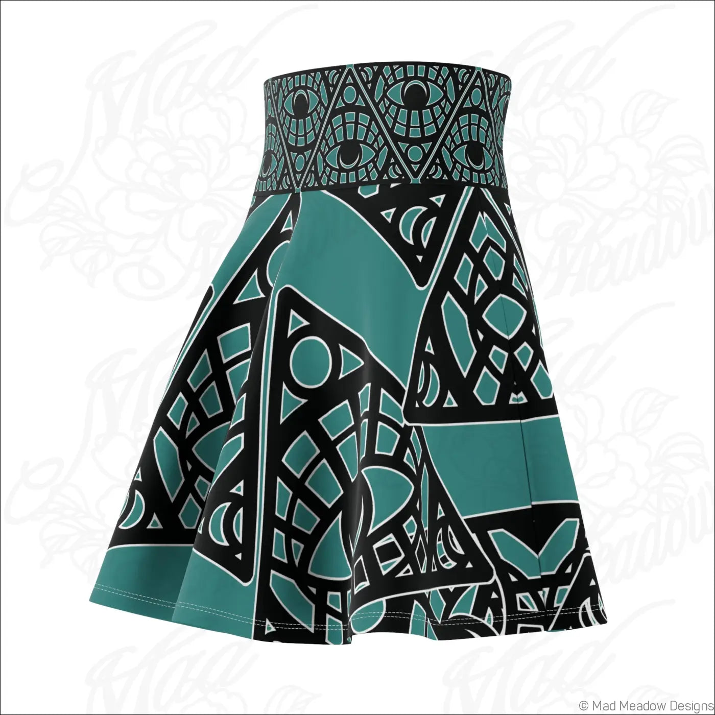 Teal and black geometric mystic eye tribal skater skirt with high waist and printed care label