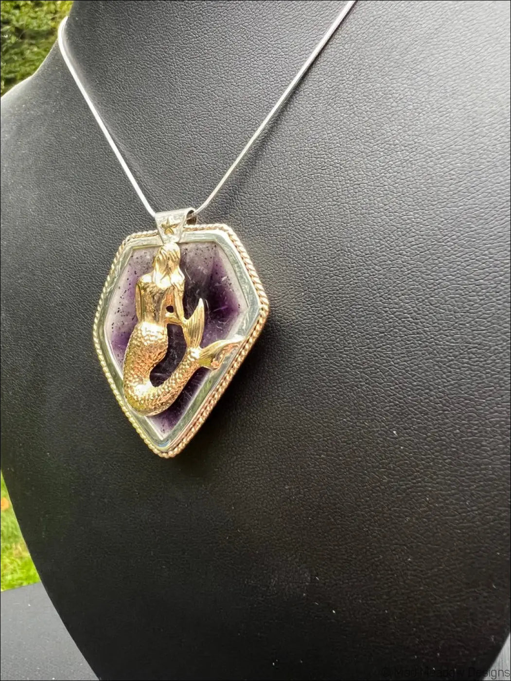 Mystical Mermaid Amethyst Slice Sterling Silver Pendant with Brass Nautical Star and 14ky Gold Filled Twisted Wire