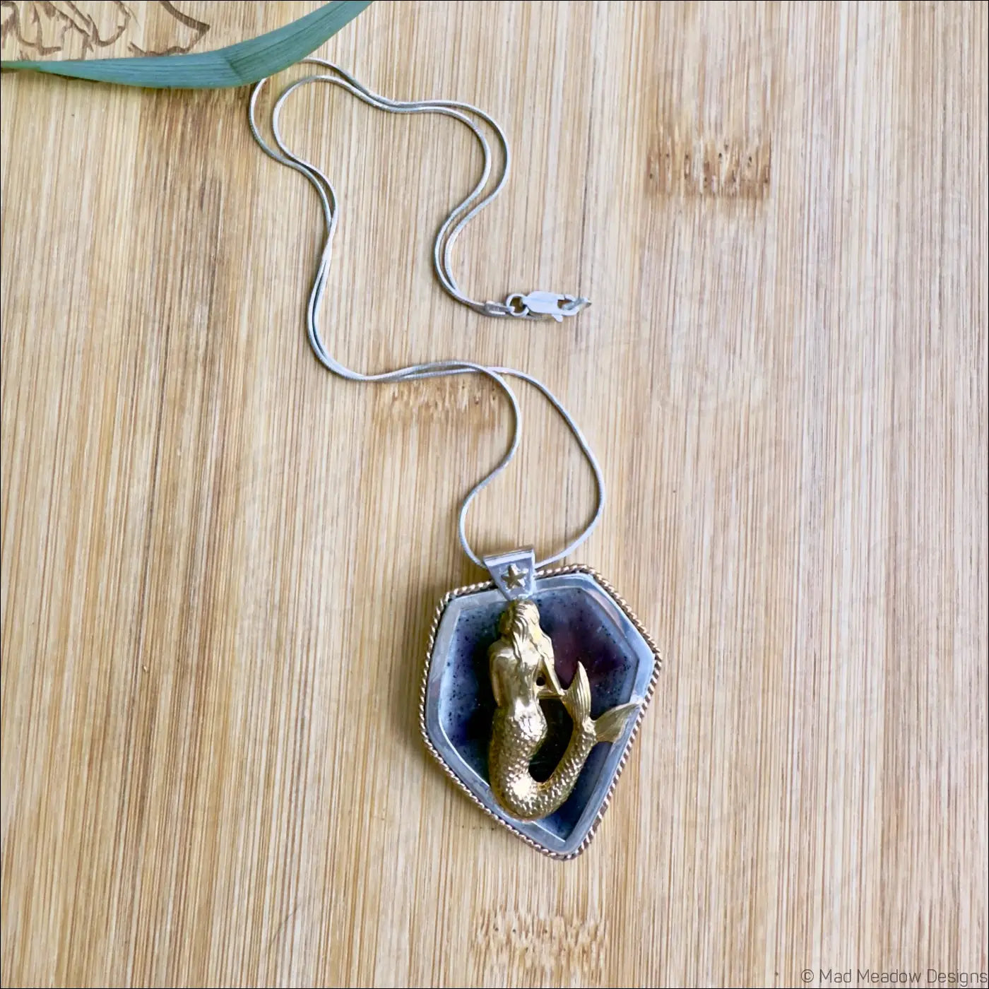 Mystical Mermaid Amethyst Slice Sterling Silver Pendant with Brass Nautical Star and 14ky Gold Filled Twisted Wire