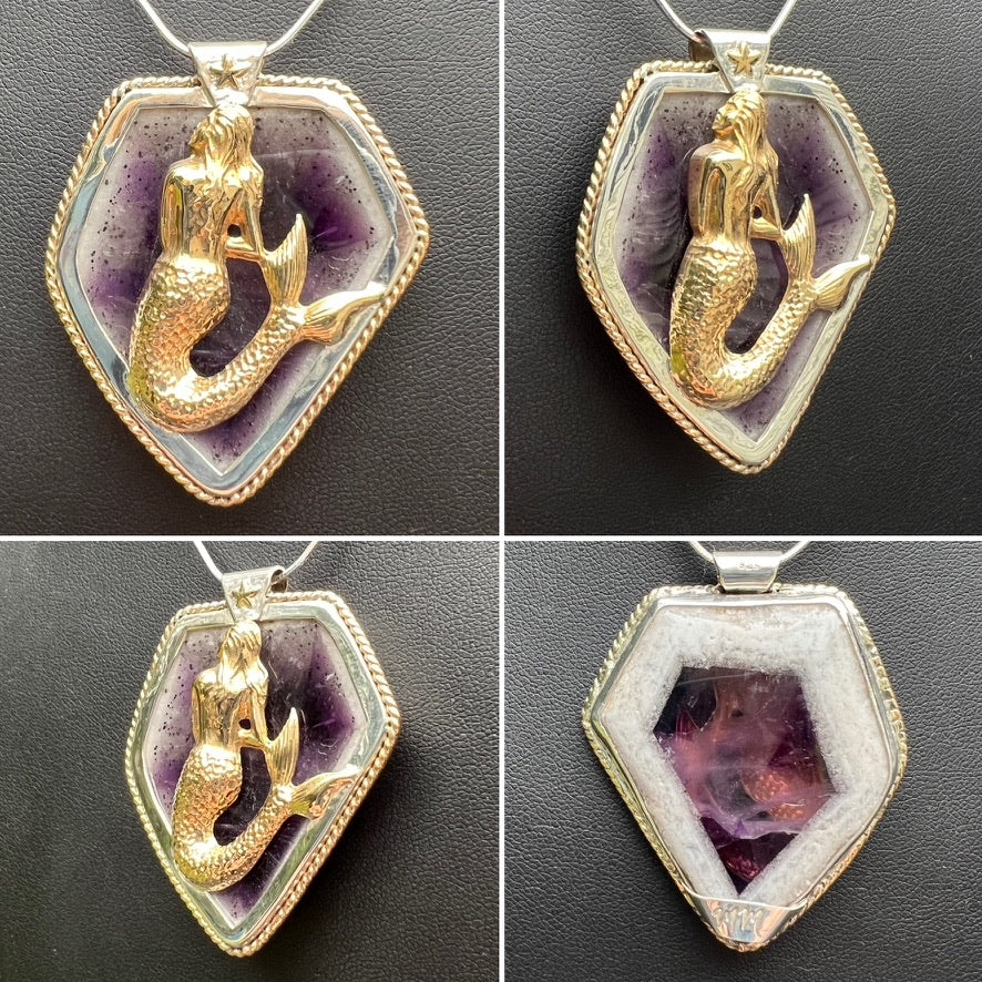 Mystical Mermaid Amethyst Slice Sterling Silver Pendant with Brass Nautical Star and 14ky Gold Filled Twisted Wire