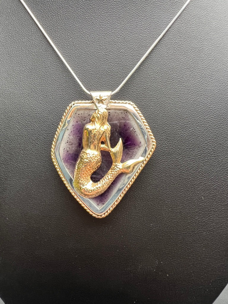 Mystical Mermaid Amethyst Slice Sterling Silver Pendant with Brass Nautical Star and 14ky Gold Filled Twisted Wire