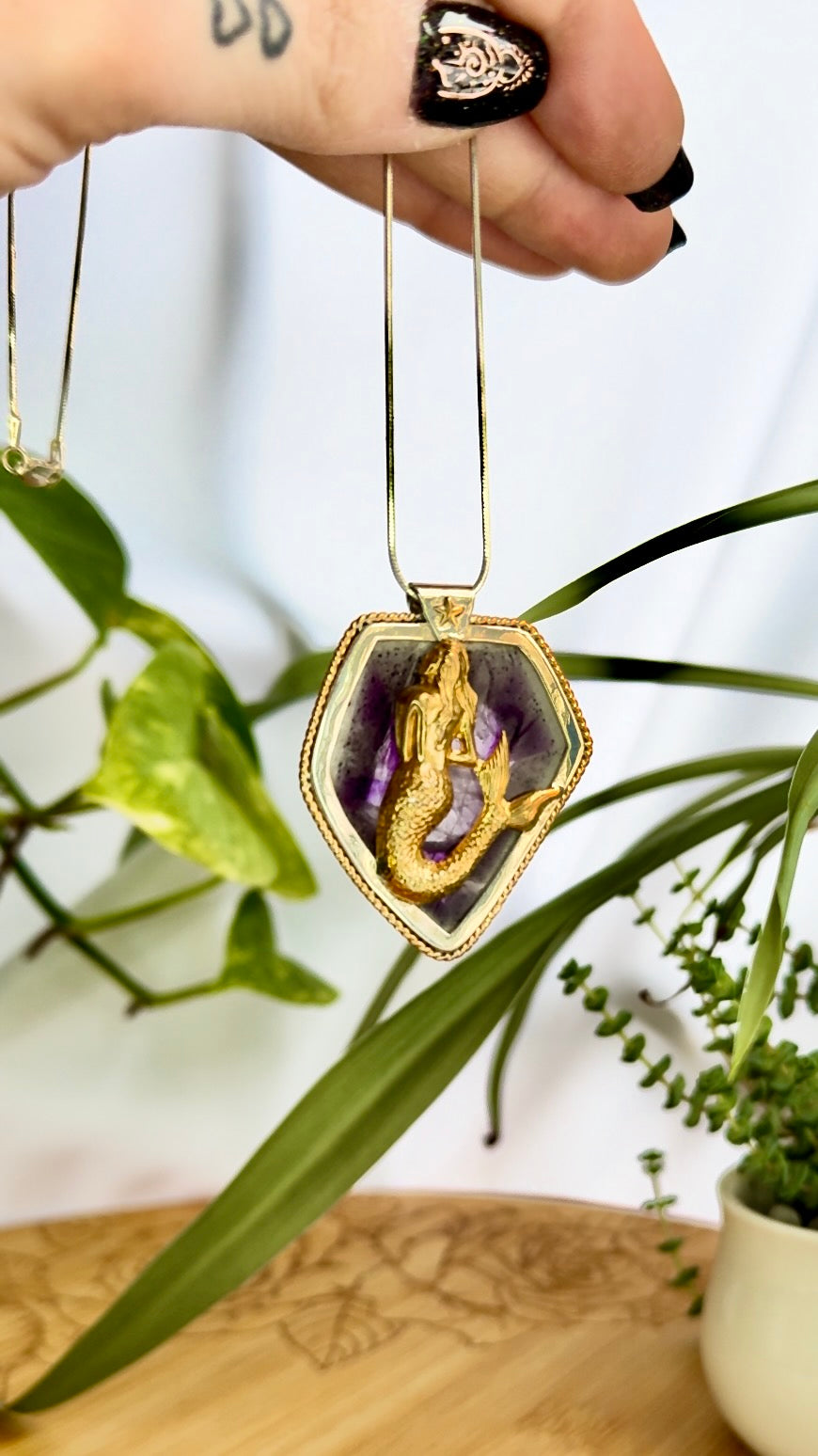 Mystical Mermaid Amethyst Slice Sterling Silver Pendant with Brass Nautical Star and 14ky Gold Filled Twisted Wire