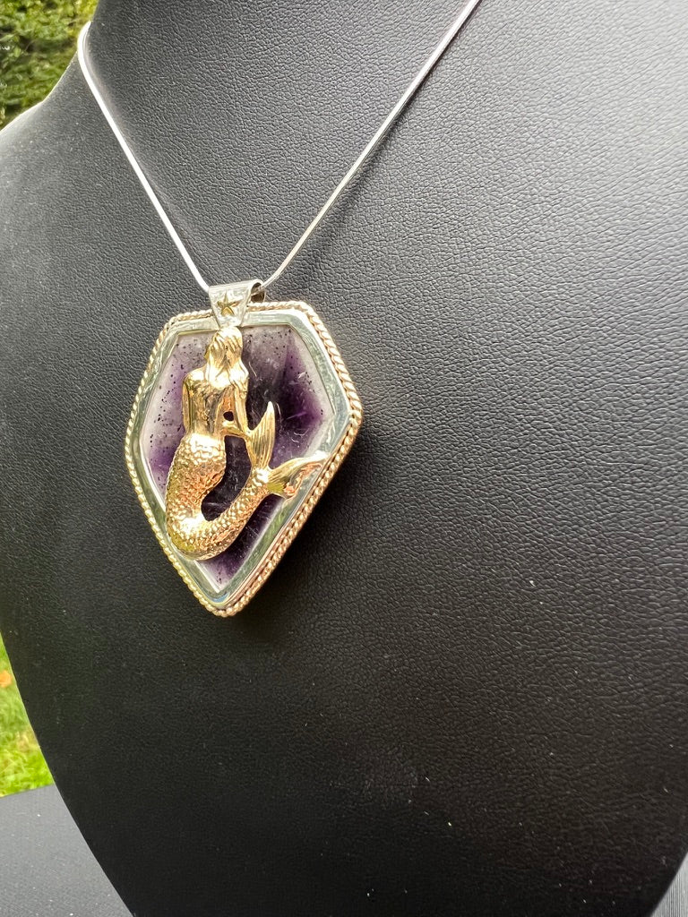 Mystical Mermaid Amethyst Slice Sterling Silver Pendant with Brass Nautical Star and 14ky Gold Filled Twisted Wire