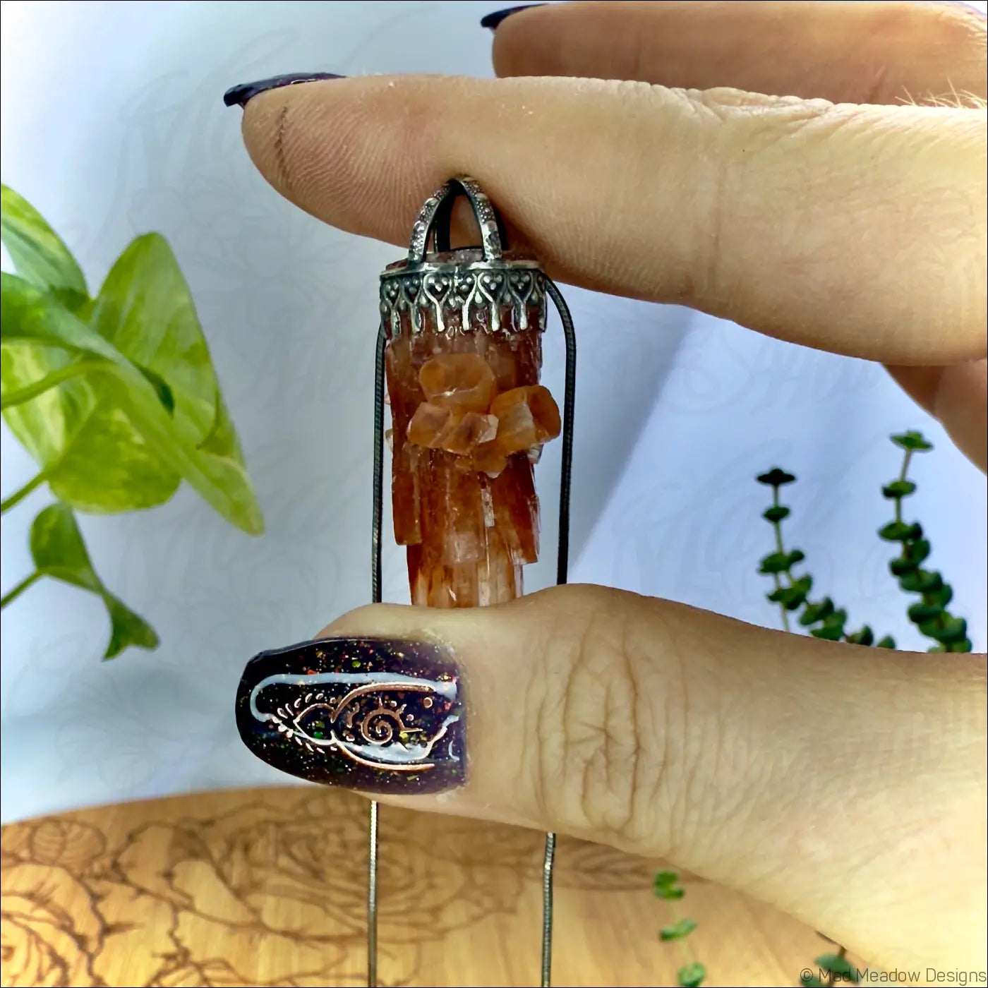 Raw Aragonite Crystal in Oxidized Sterling Silver Gallery Wire Pendant Necklace on 18’’ Snake Chain - Jewelry