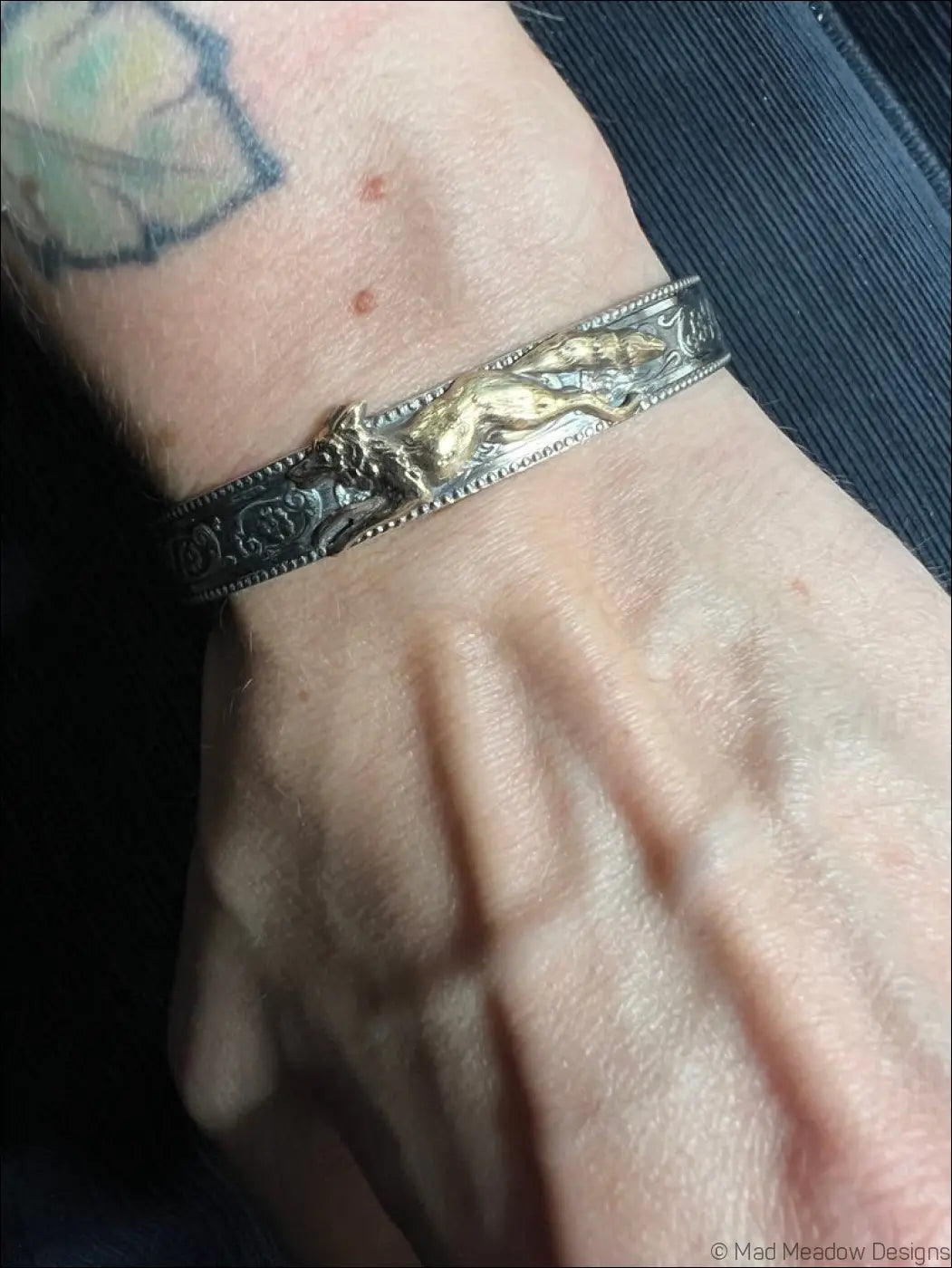 Ornate Sterling Silver and Gold Running Fox Brass Cuff Bracelet