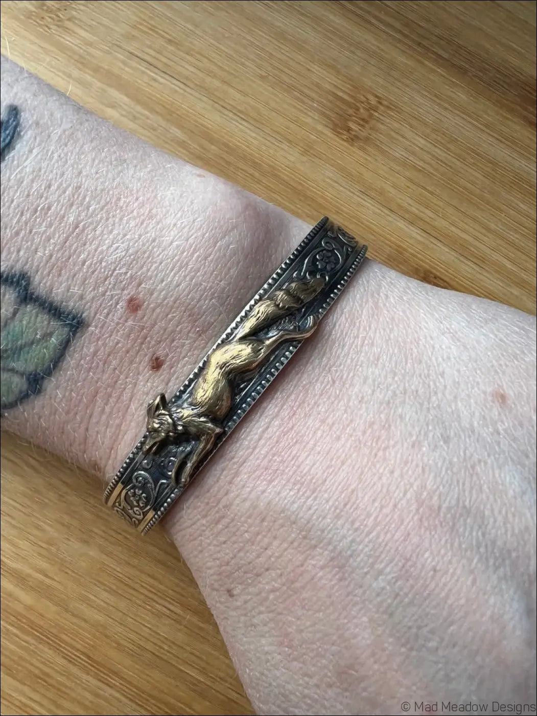 Ornate Sterling Silver and Gold Running Fox Brass Cuff Bracelet
