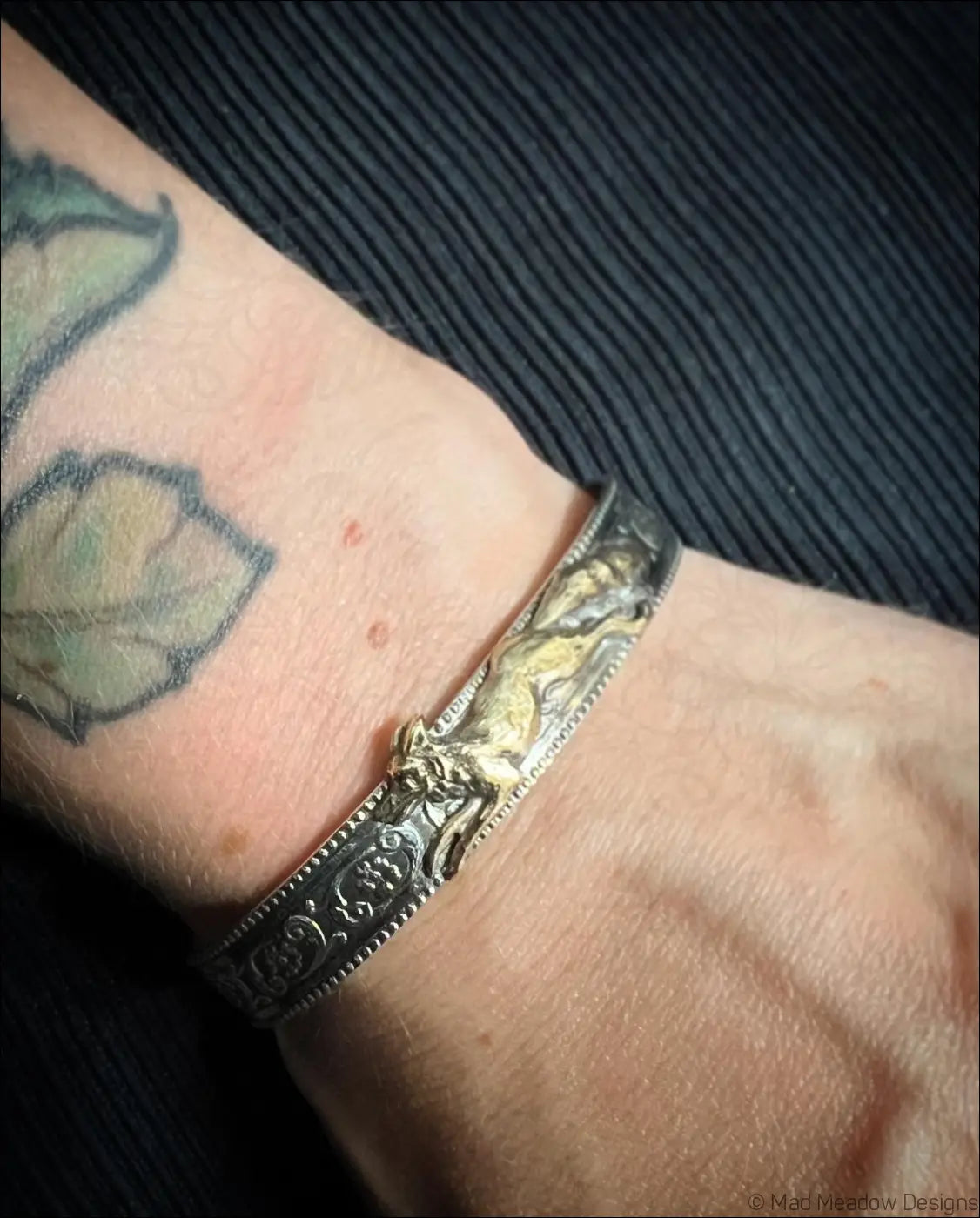 Ornate Sterling Silver and Gold Running Fox Brass Cuff Bracelet