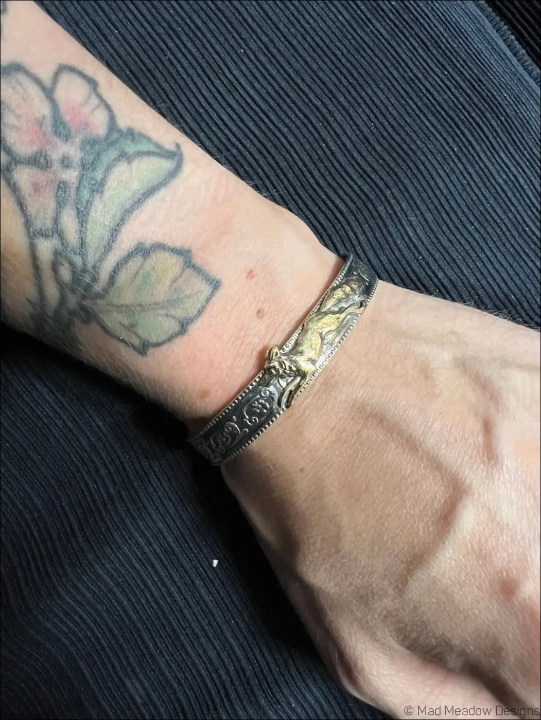 Ornate Sterling Silver and Gold Running Fox Brass Cuff Bracelet