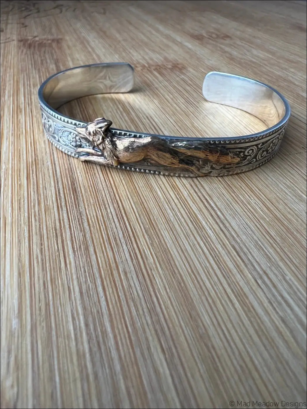 Ornate Sterling Silver and Gold Running Fox Brass Cuff Bracelet