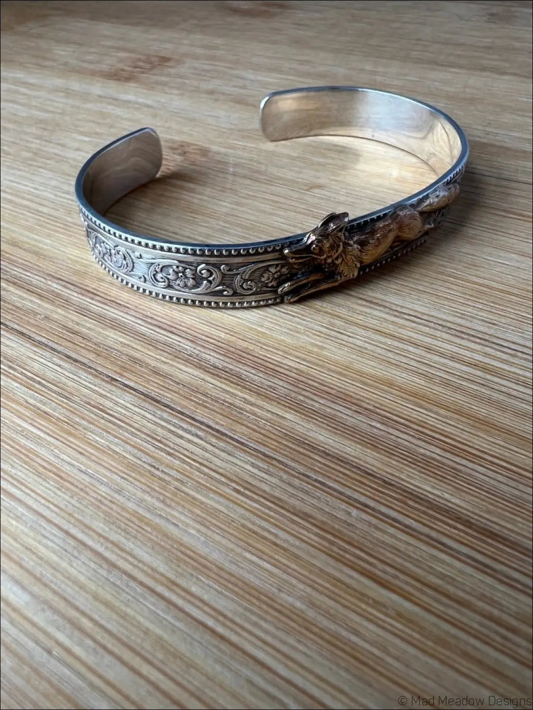 Ornate Sterling Silver and Gold Running Fox Brass Cuff Bracelet