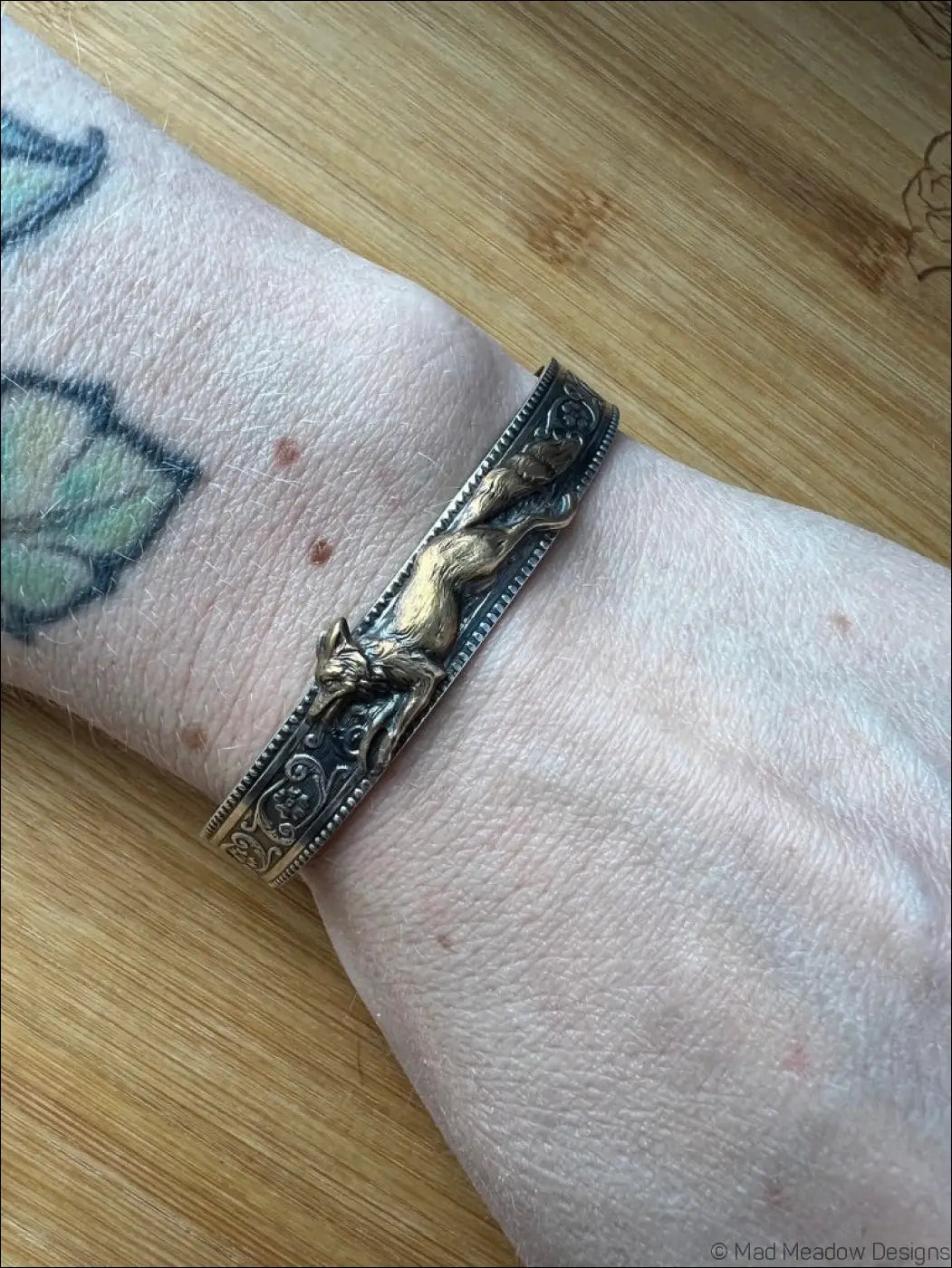 Ornate Sterling Silver and Gold Running Fox Brass Cuff Bracelet