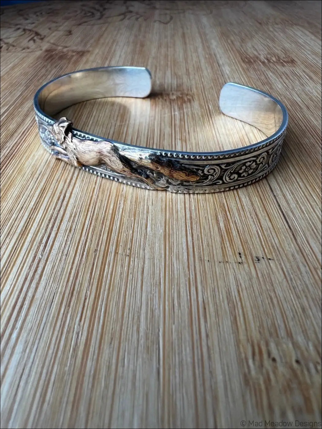 Ornate Sterling Silver and Gold Running Fox Brass Cuff Bracelet
