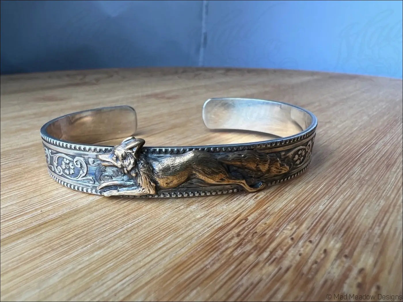 Ornate Sterling Silver and Gold Running Fox Brass Cuff Bracelet