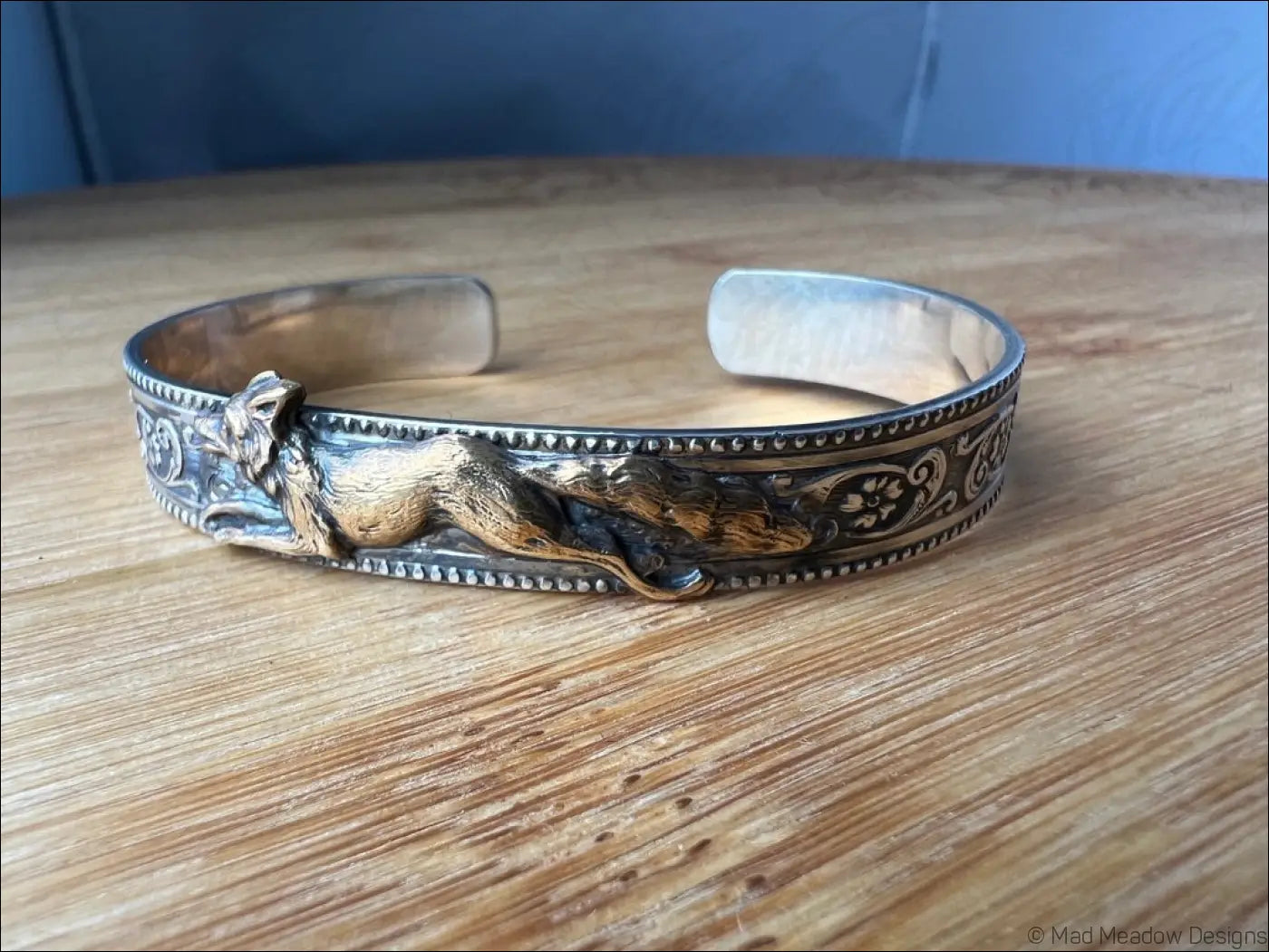 Ornate Sterling Silver and Gold Running Fox Brass Cuff Bracelet