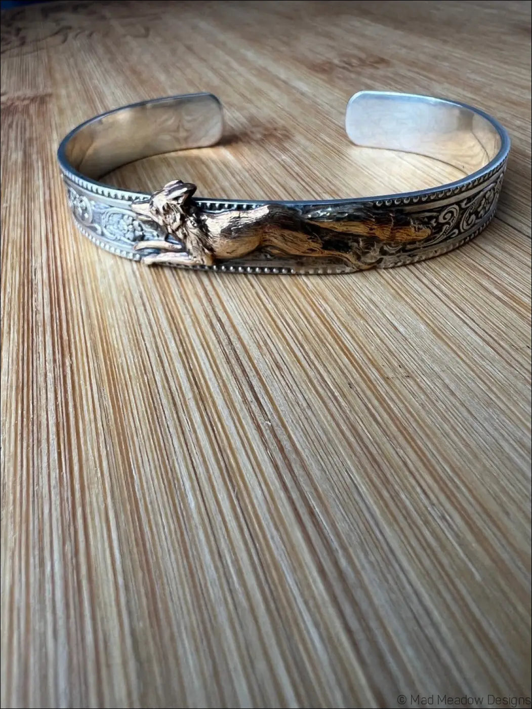Ornate Sterling Silver and Gold Running Fox Brass Cuff Bracelet