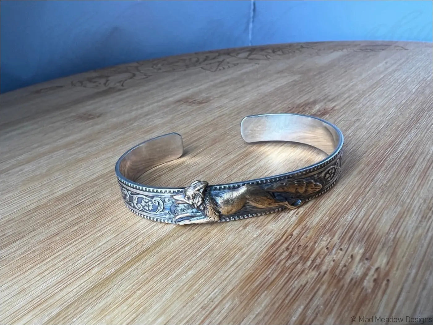 Ornate Sterling Silver and Gold Running Fox Brass Cuff Bracelet