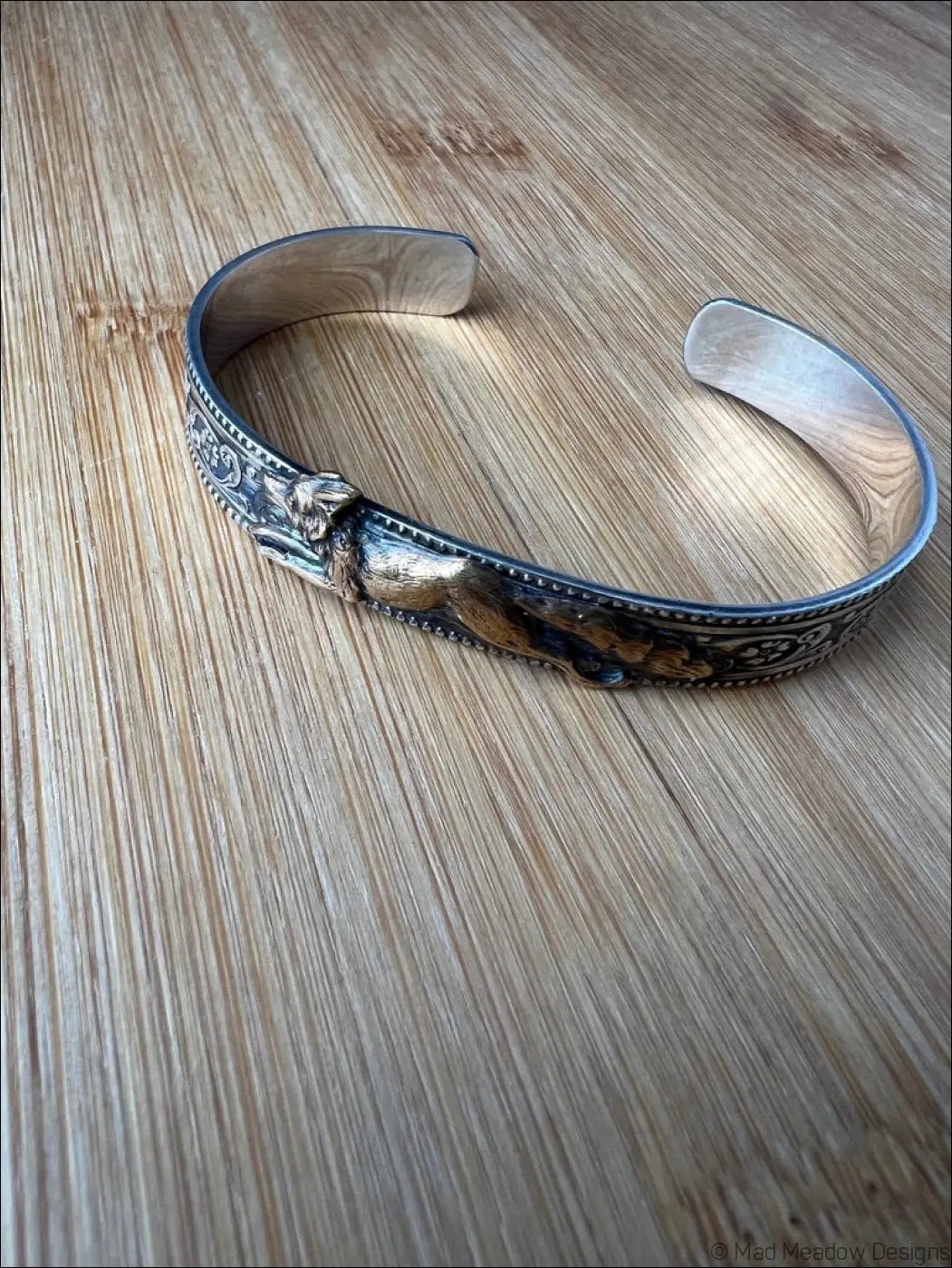 Ornate Sterling Silver and Gold Running Fox Brass Cuff Bracelet