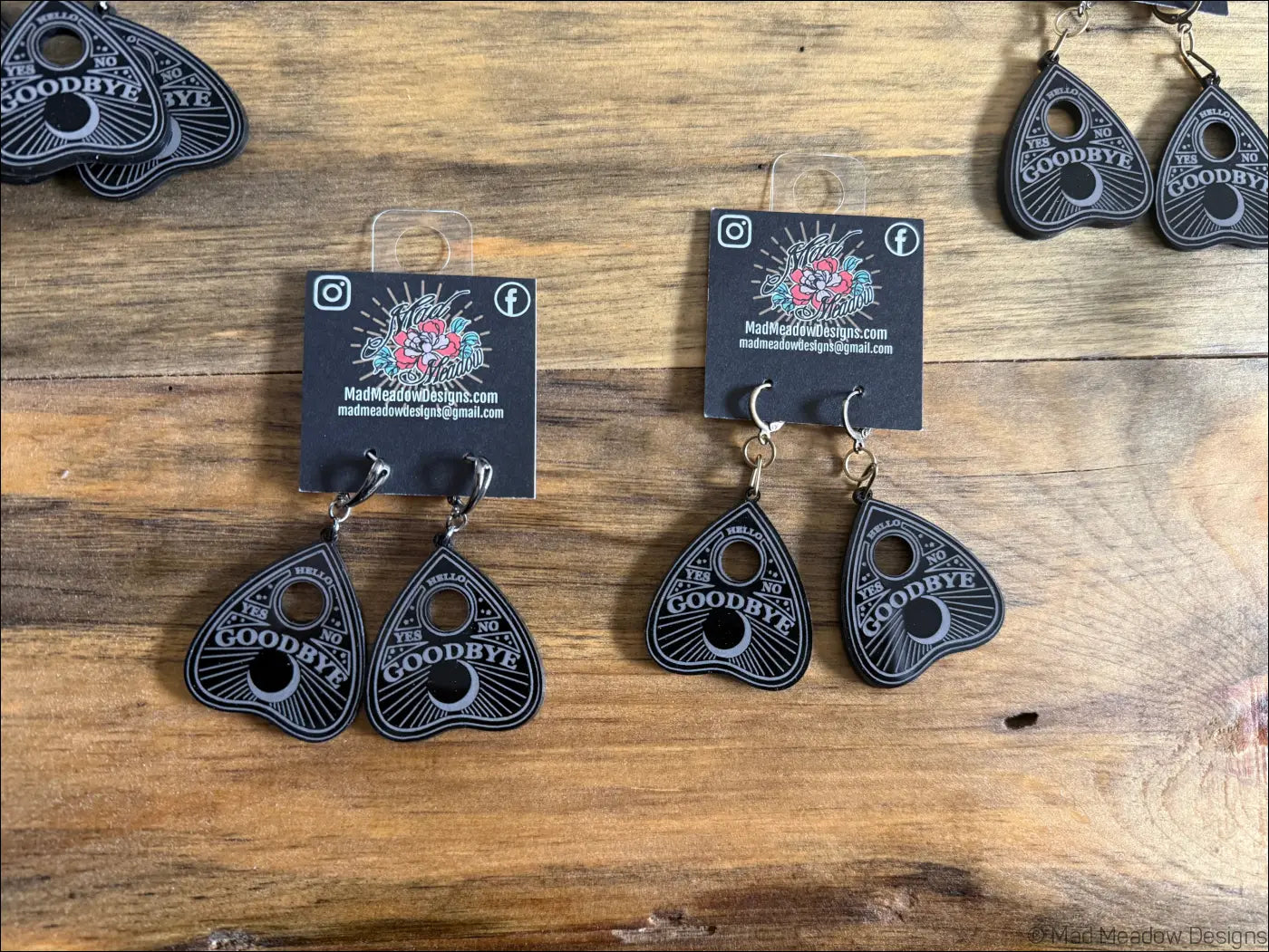 Black ouija planchette laser cut plexiglass earrings with white yes no and goodbye lettering