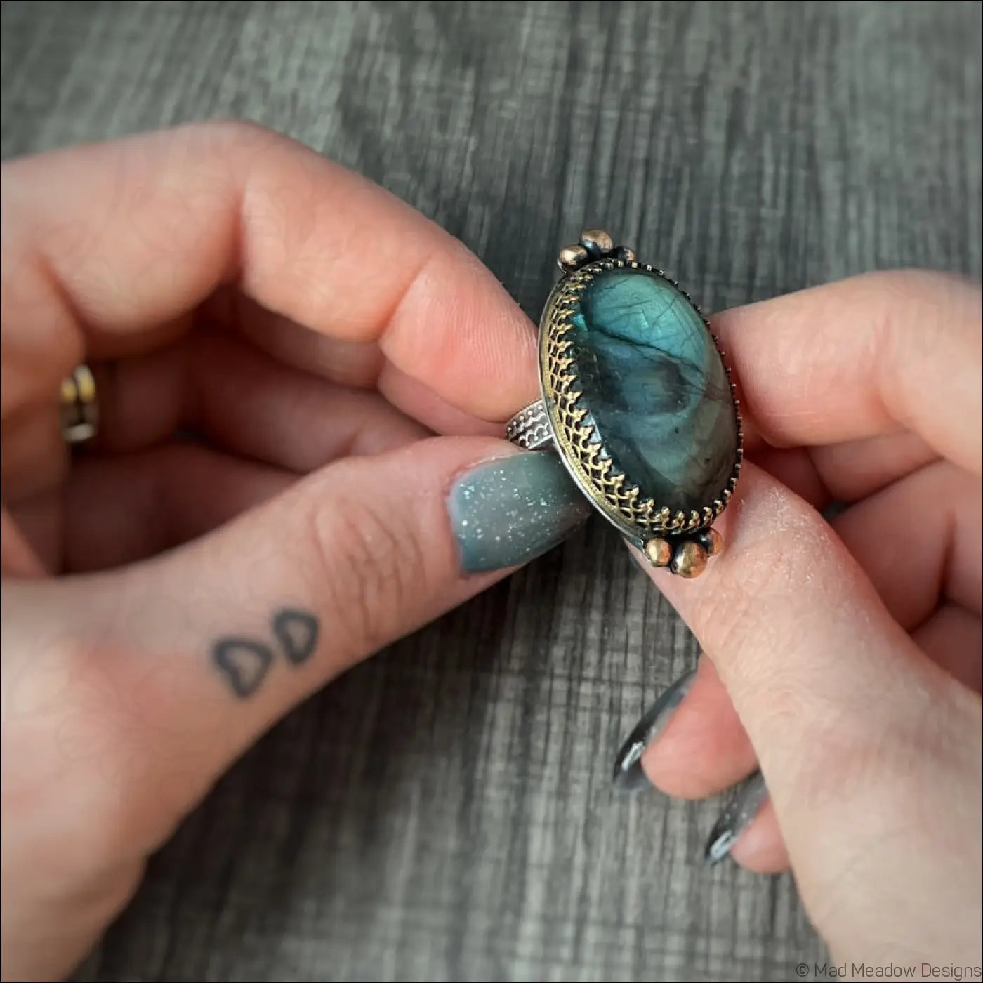 Large and Lovely Labradorite Sterling Silver Statement Ring with Yellow Brass Size 8 1/4 - Jewelry