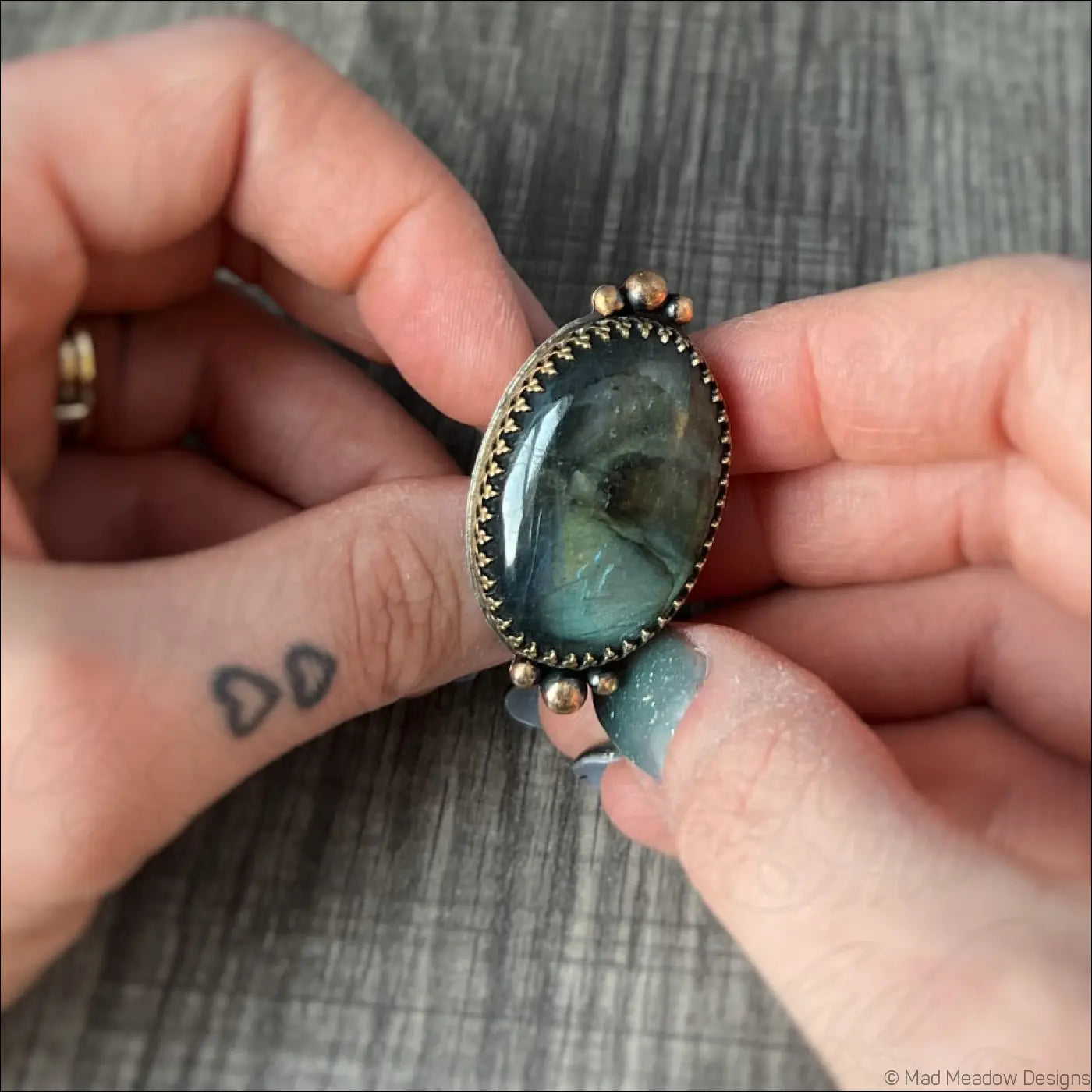 Large and Lovely Labradorite Sterling Silver Statement Ring with Yellow Brass Size 8 1/4 - Jewelry