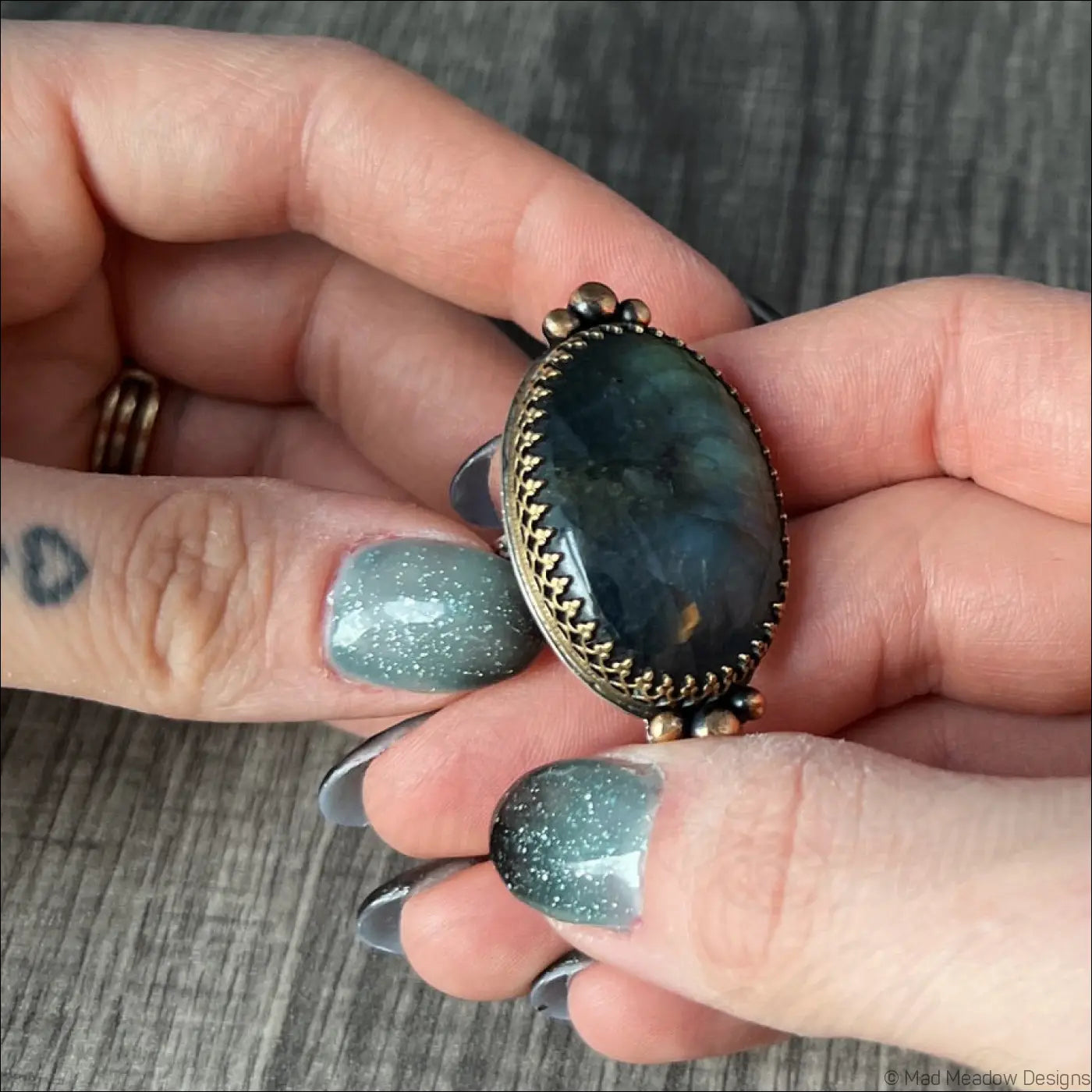 Large and Lovely Labradorite Sterling Silver Statement Ring with Yellow Brass Size 8 1/4 - Jewelry