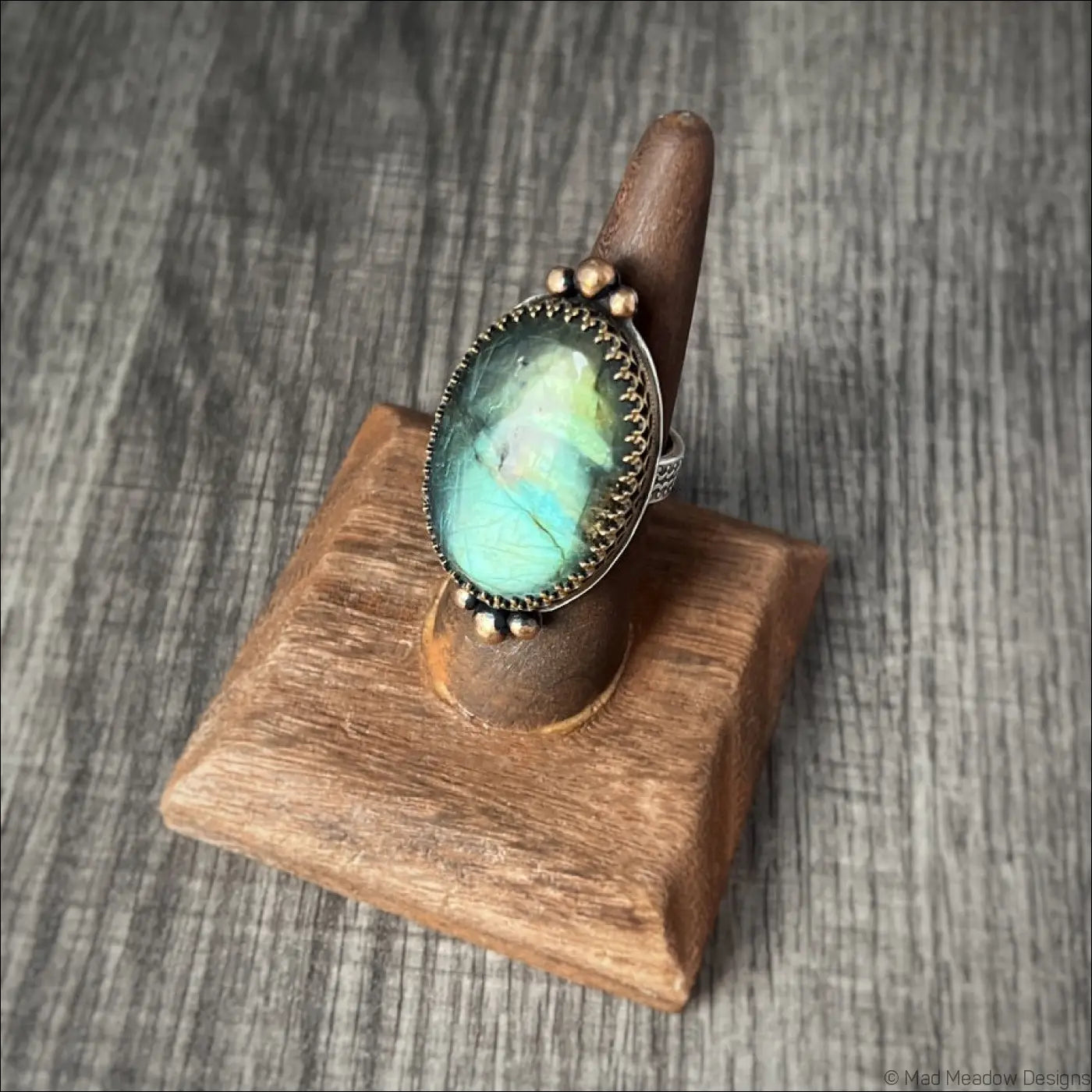 Large and Lovely Labradorite Sterling Silver Statement Ring with Yellow Brass Size 8 1/4 - Jewelry