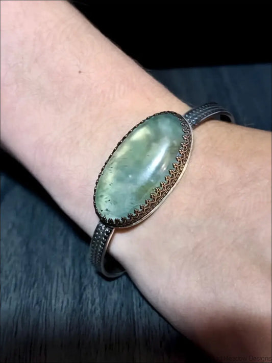 Oversized Prehnite Cuff Bracelet with Large Oval Cabochon - Bracelet