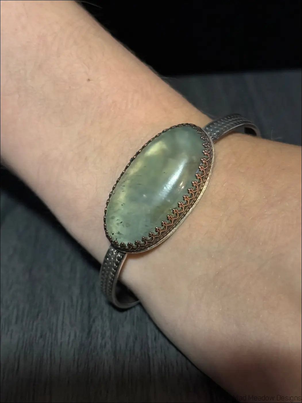 Oversized Prehnite Cuff Bracelet with Large Oval Cabochon - Bracelet