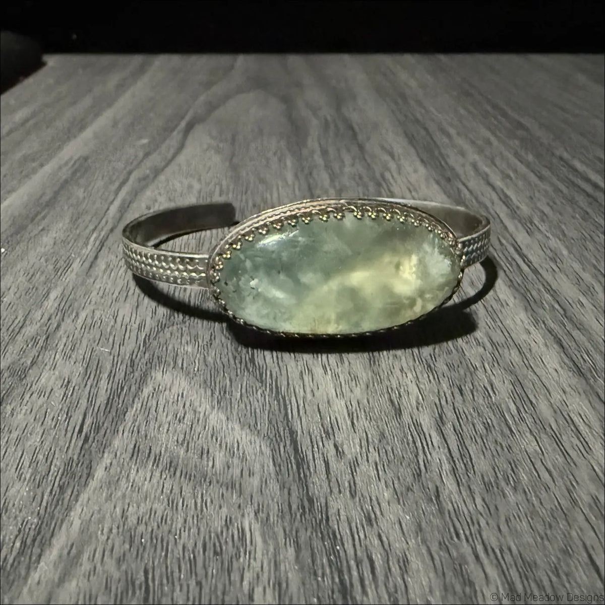 Oversized Prehnite Cuff Bracelet with Large Oval Cabochon - Bracelet