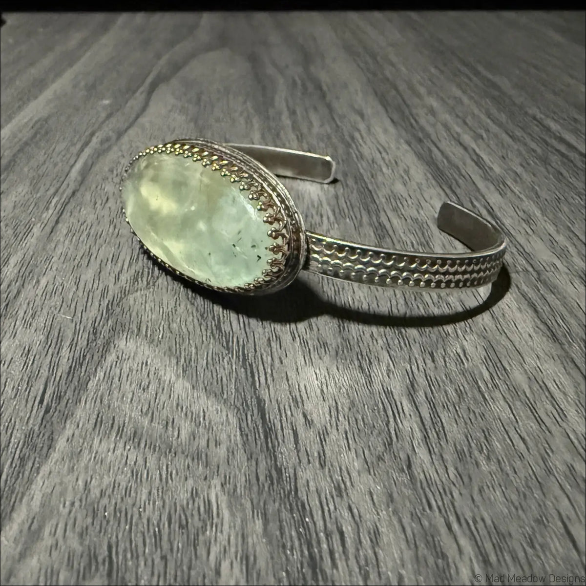 Oversized Prehnite Cuff Bracelet with Large Oval Cabochon - Bracelet