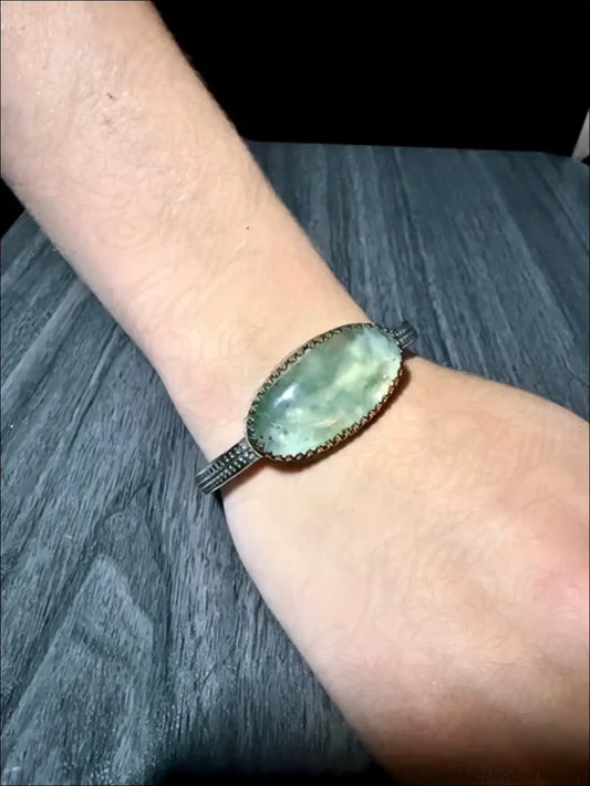 Oversized Prehnite Cuff Bracelet with Large Oval Cabochon - Bracelet