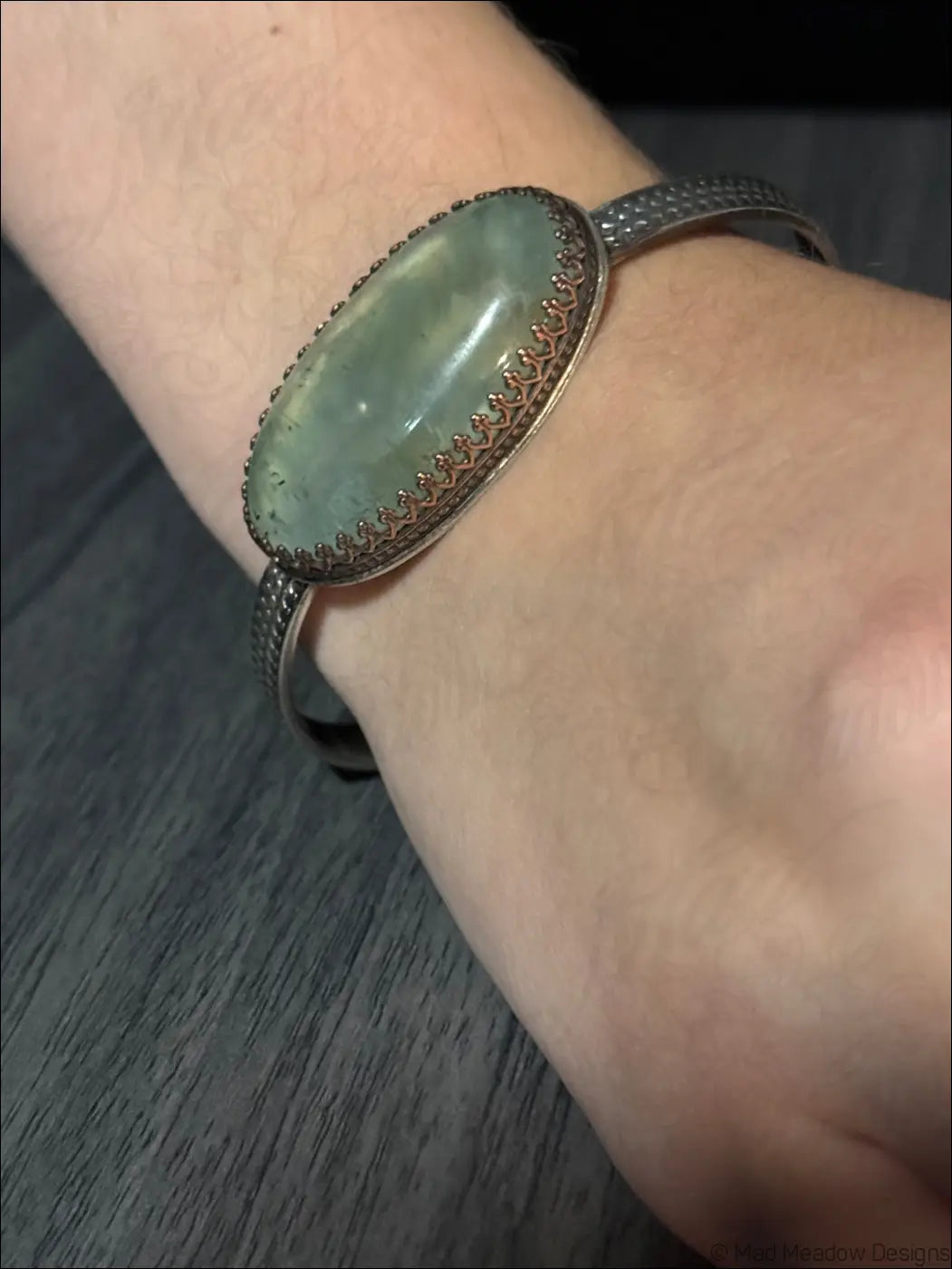 Oversized Prehnite Cuff Bracelet with Large Oval Cabochon - Bracelet
