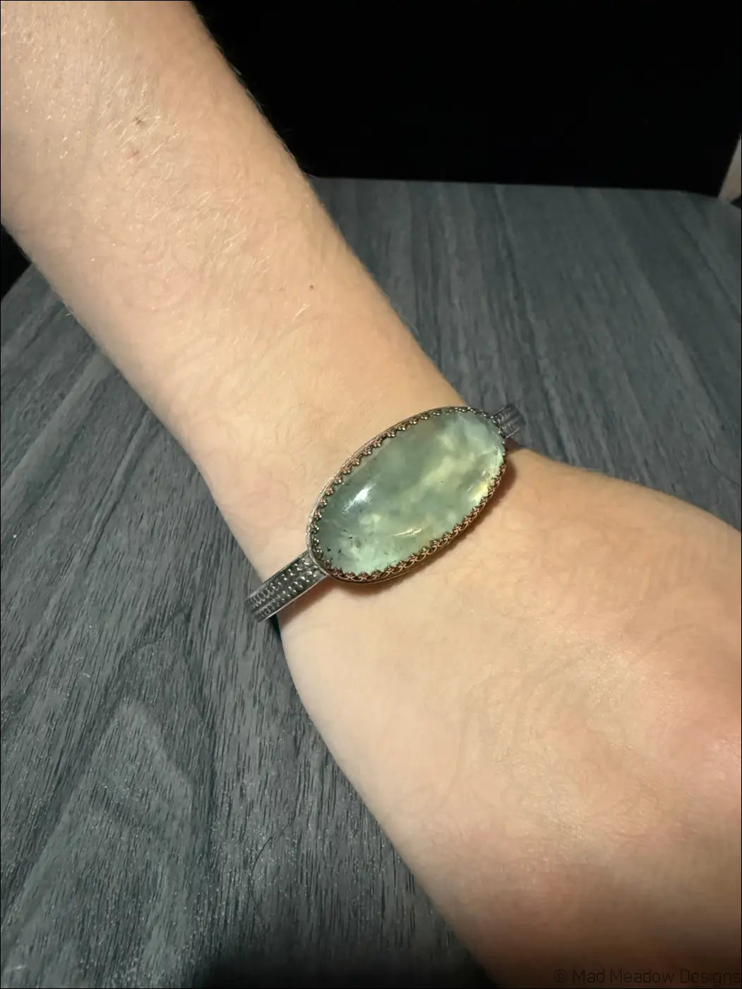 Oversized Prehnite Cuff Bracelet with Large Oval Cabochon - Bracelet