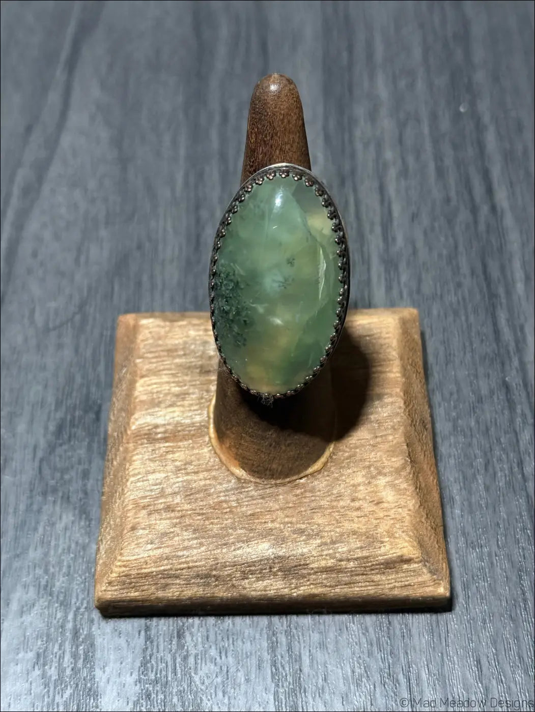 Oversized Prehnite Ring with Large Oval Cabochon - Ring