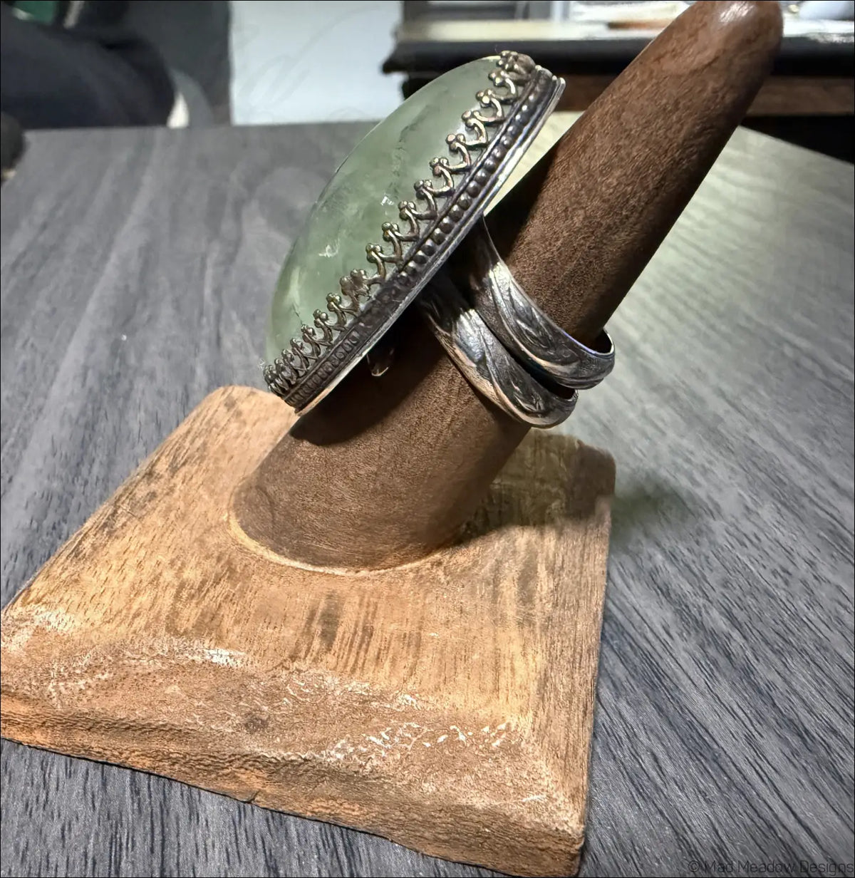 Oversized Prehnite Ring with Large Oval Cabochon - Ring
