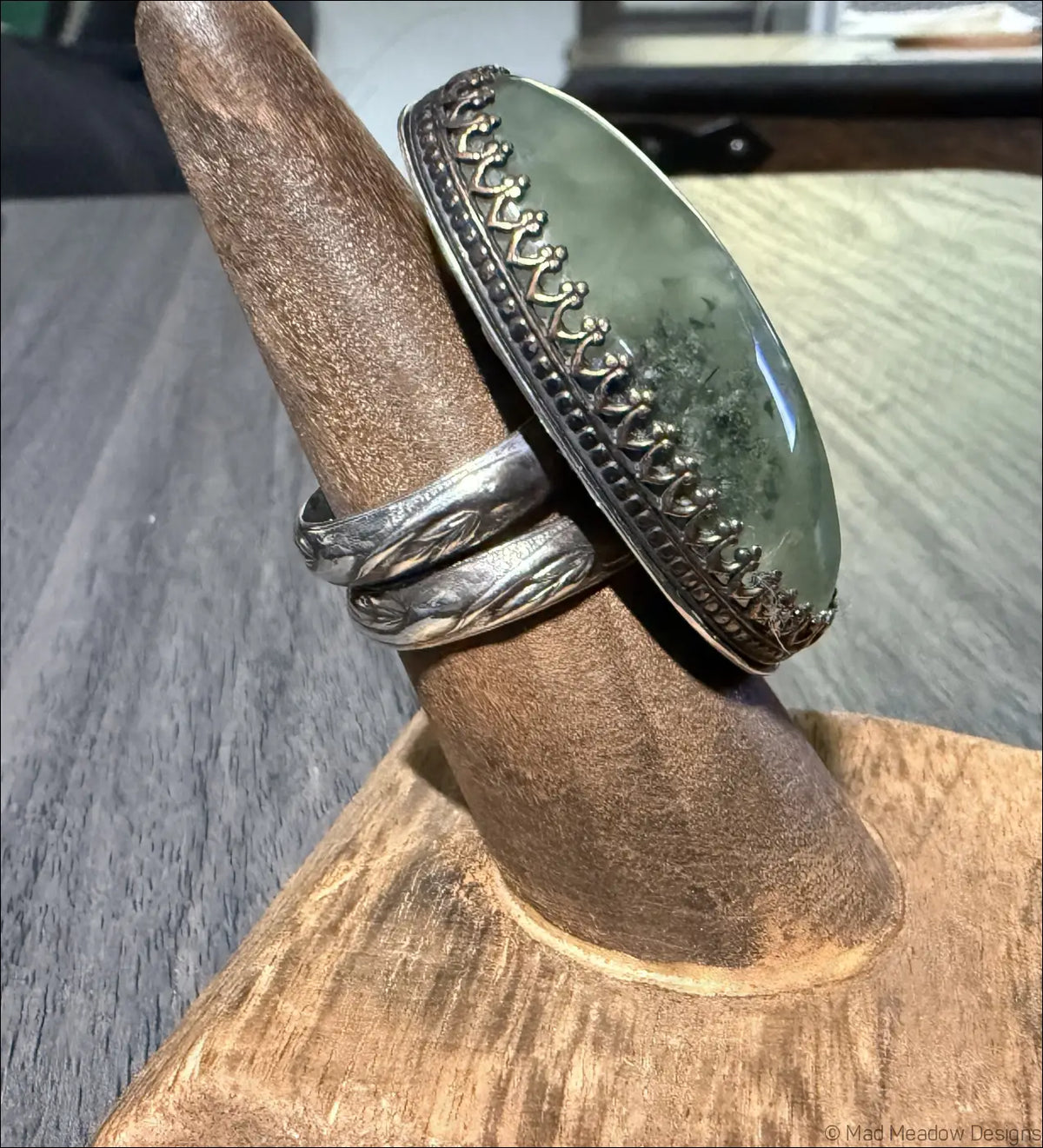 Oversized Prehnite Ring with Large Oval Cabochon - Ring