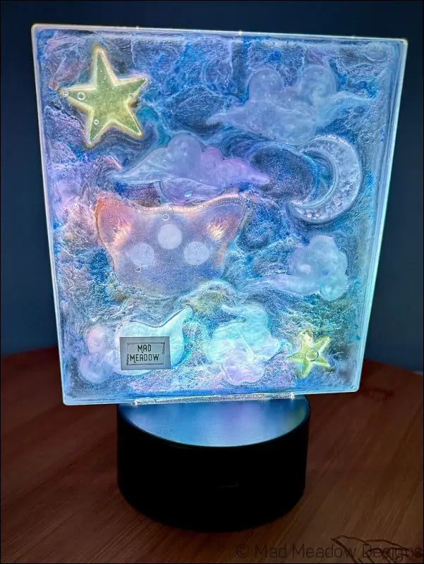 Pastel Whimsical Cat Nightlight with Cloud and Moon Design - Light