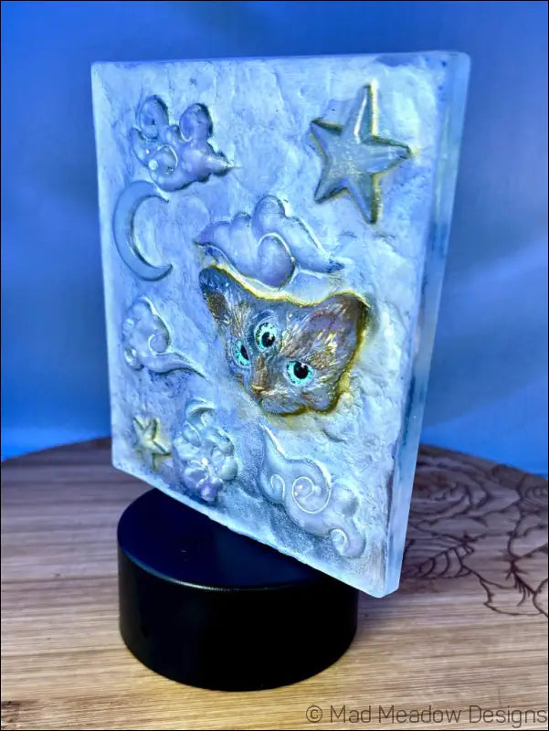 Pastel Whimsical Cat Nightlight with Cloud and Moon Design - Light