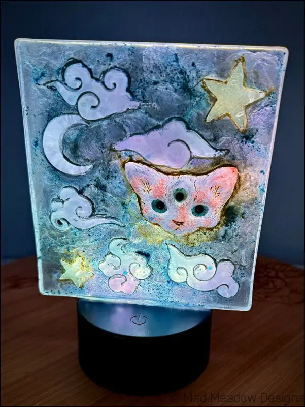 Pastel Whimsical Cat Nightlight with Cloud and Moon Design - Light
