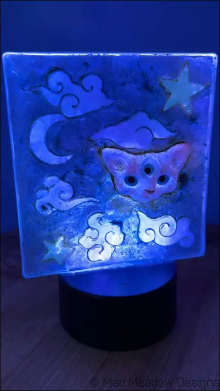 Pastel Whimsical Cat Nightlight with Cloud and Moon Design - Light