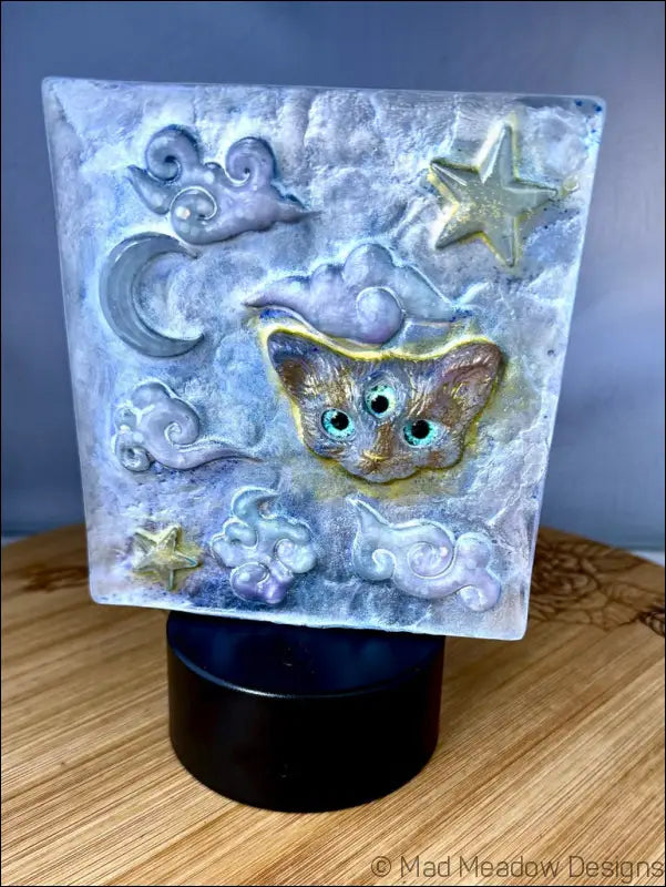 Pastel Whimsical Cat Nightlight with Cloud and Moon Design - Light