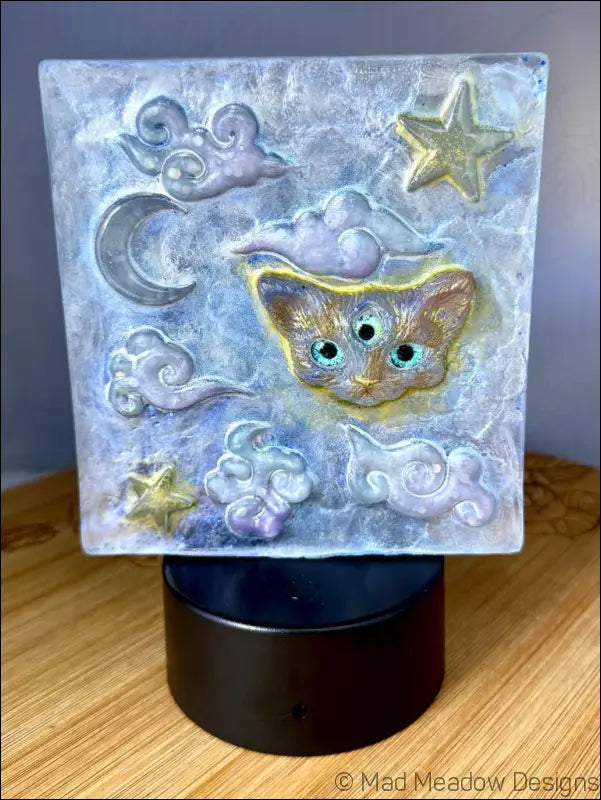 Pastel Whimsical Cat Nightlight with Cloud and Moon Design - Light